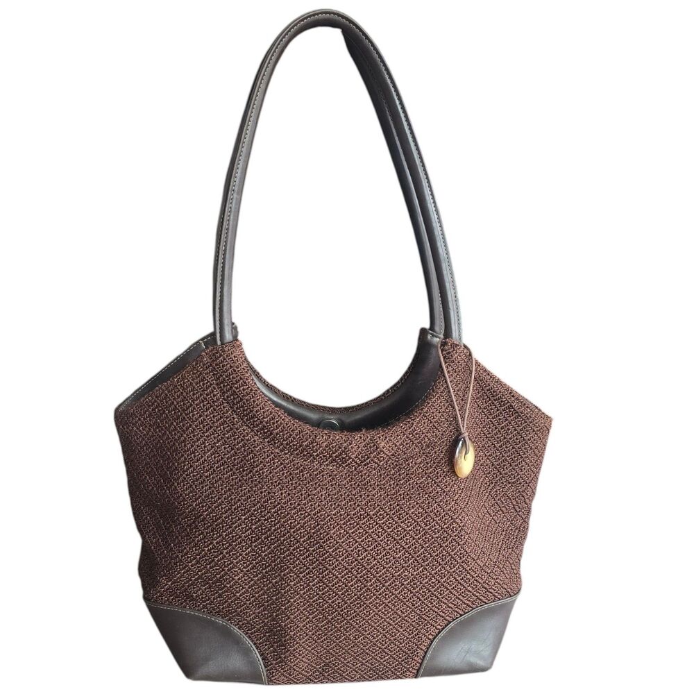 The Sak Brown Woven Tote Bag Leather Trim Double Handle Shoulder Purse